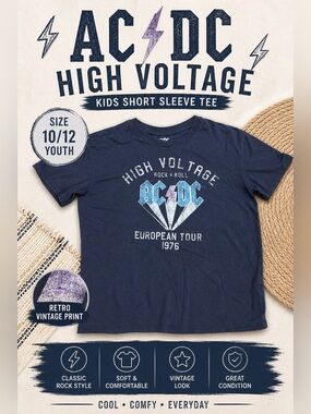 AC DC High Voltage Kids Tee 10/12 Navy Graphic Band Shirt Retro